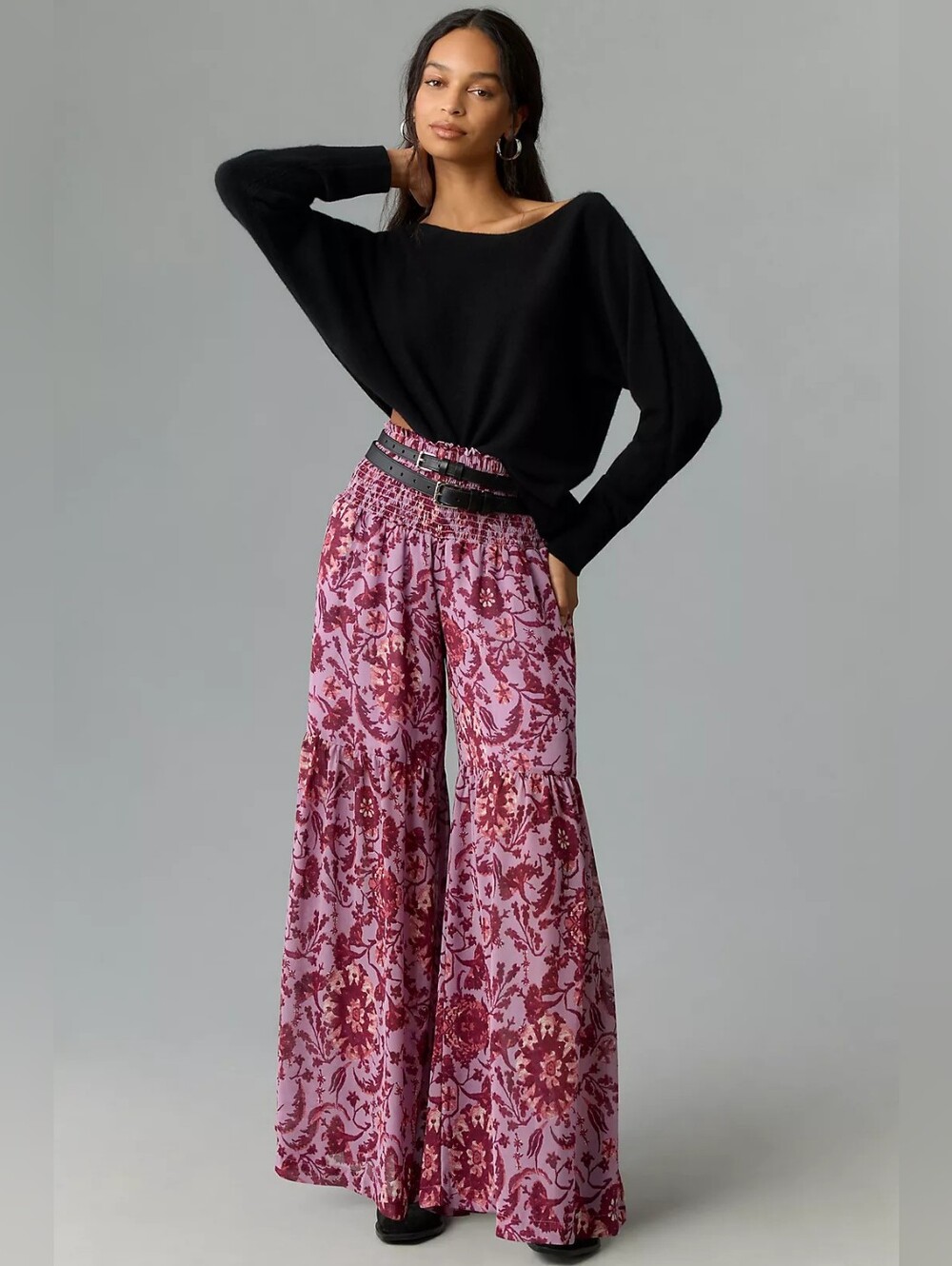 By Anthropologie Chiffon Tiered Wide-Leg Pants Floral Purple XL